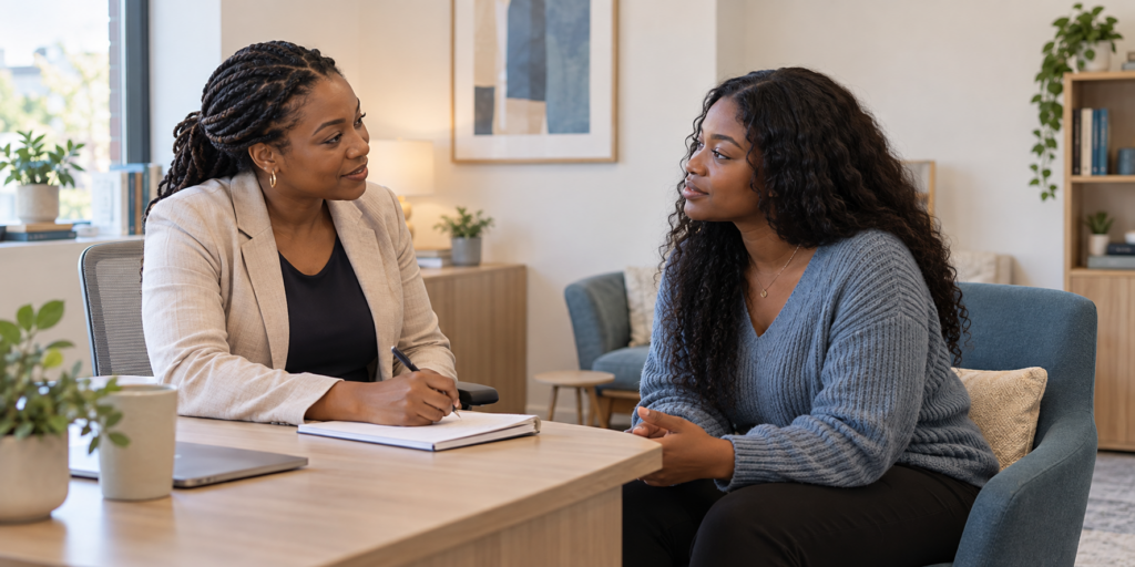 Black female clinician speaking with a young adult woman during an ADHD assessment consultation