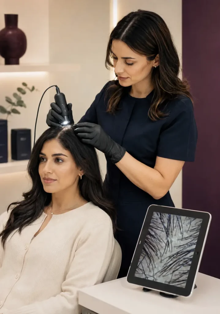 Clinician using a magnified imaging camera during a 3D scalp and hair analysis
