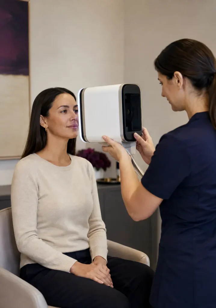 Clinician carrying out a non-invasive digital face and skin analysis consultation