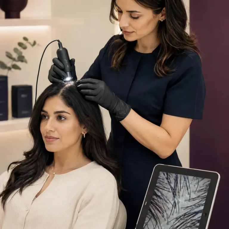 Clinician using a magnified imaging camera during a 3D scalp and hair analysis