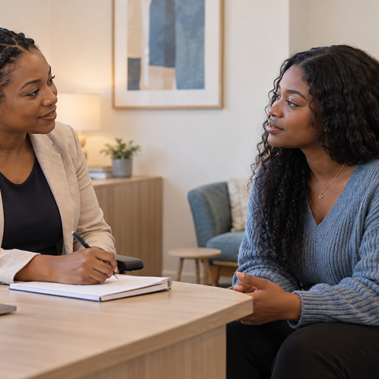 Black female clinician speaking with a young adult woman during an ADHD assessment consultation