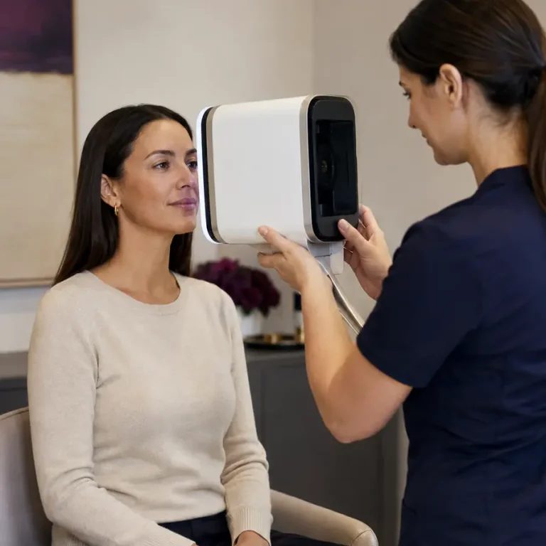 Clinician carrying out a non-invasive digital face and skin analysis consultation